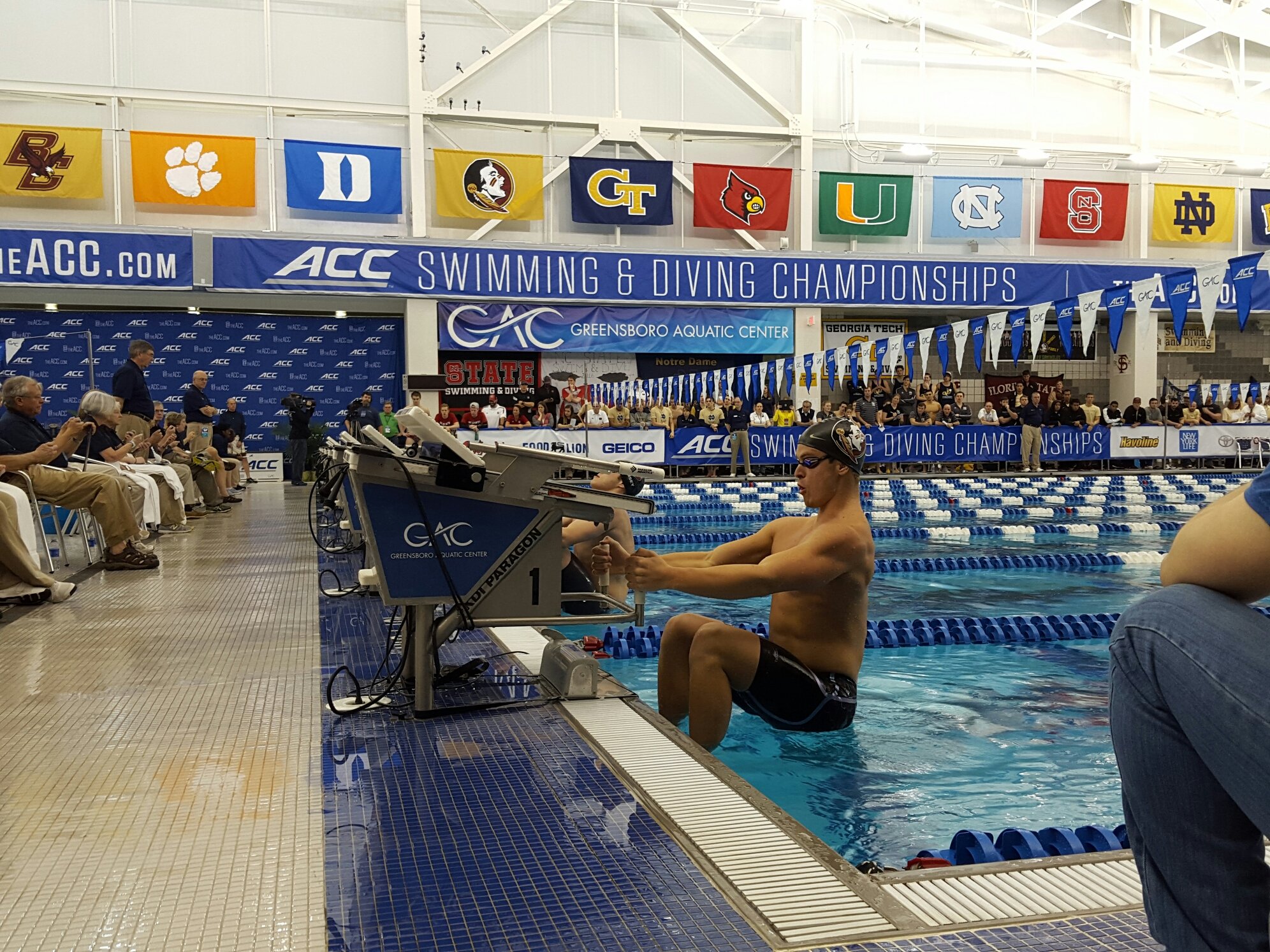 swimmer using backstroke start device at the 2016 acc championships