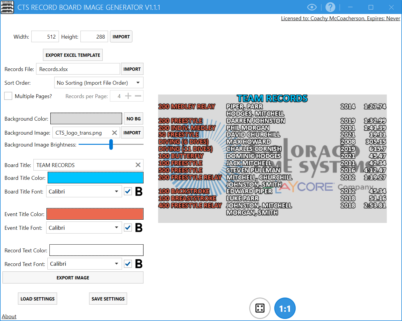 software for swimming record boards to display on video scoreboards