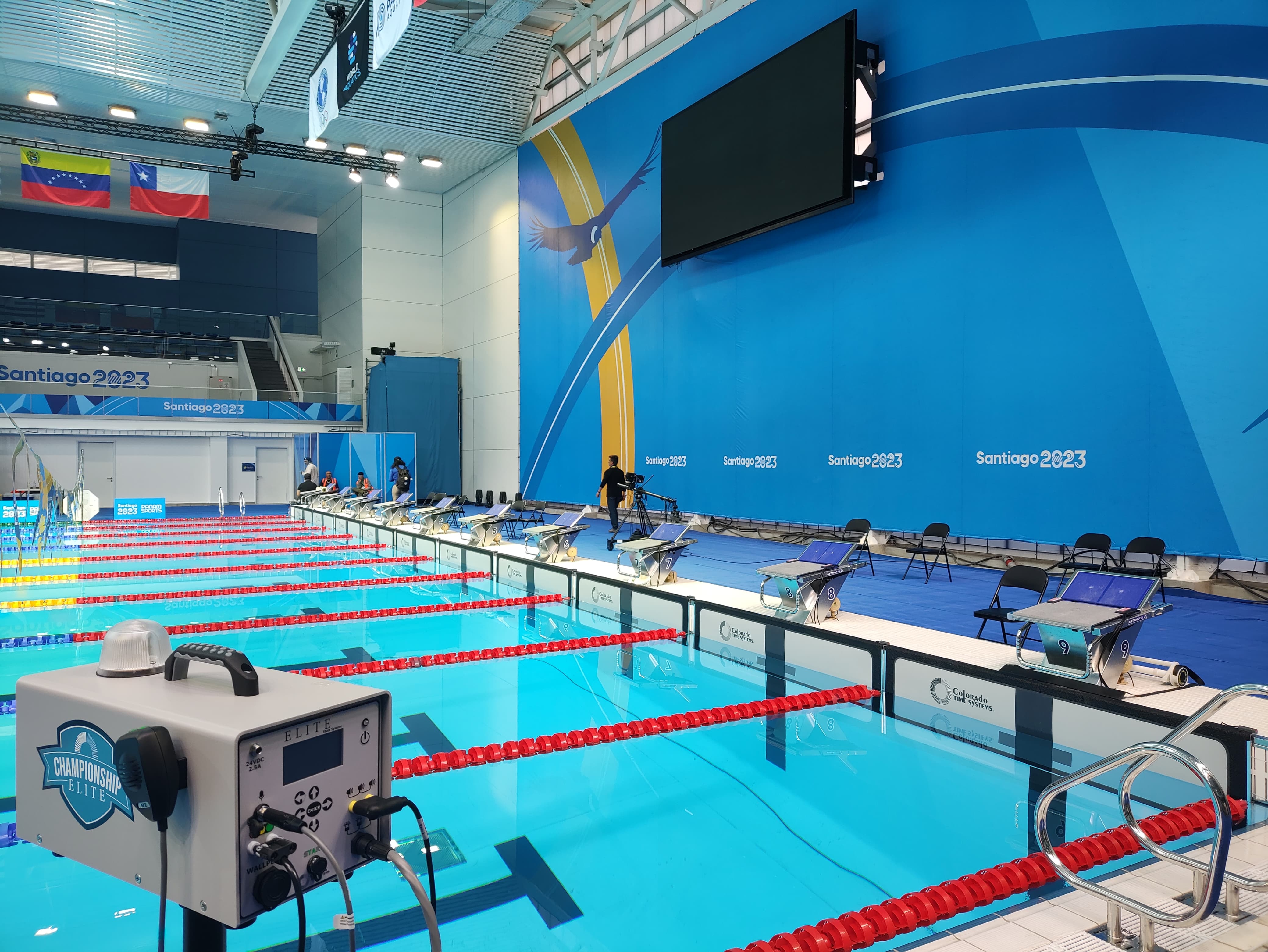 The Championship Elite Swimming Start System at an indoor competitive swimming pool