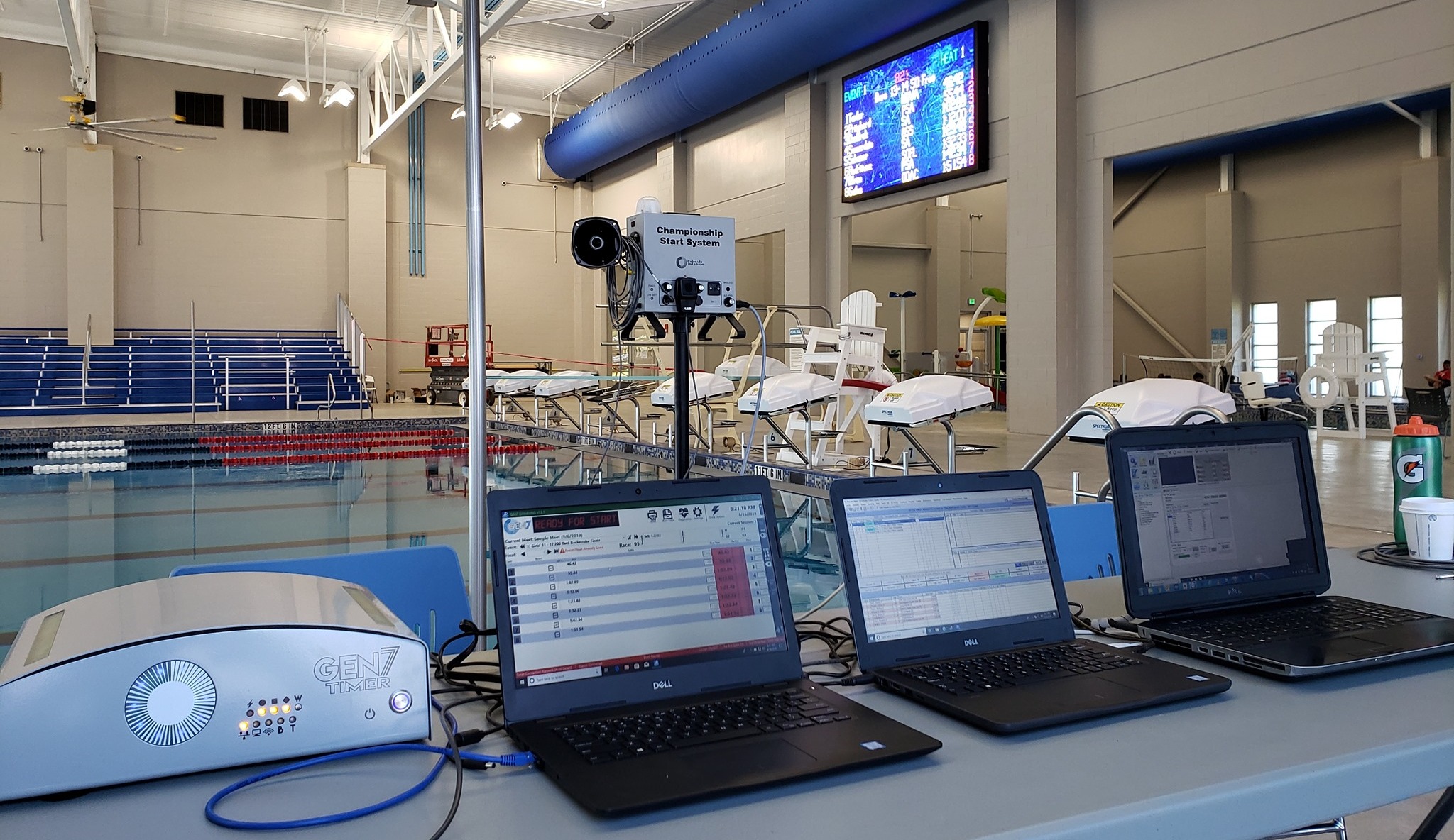 Colorado Time Systems LED Video Scoreboard, Championship Start System and GEN7 Swim Timing System at an indoor competitive pool. 